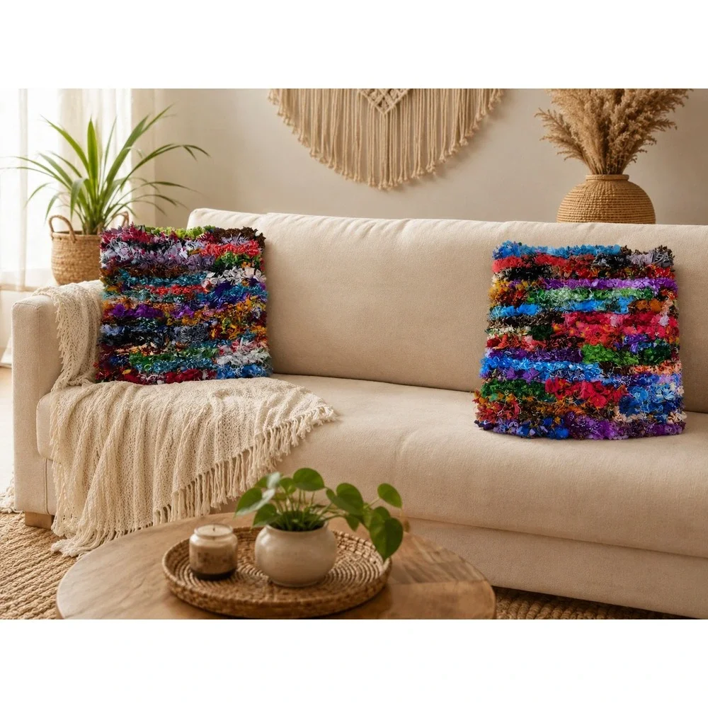 Set of 2 Boho Shaggy Rag Rug Pillow Covers Multi Color 18x18 Textured India